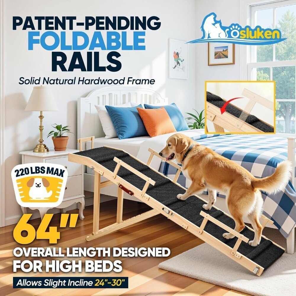Dog Ramp for Bed with Rails, 64" Long Foldable Pet Ramp - Picture 3 of 7